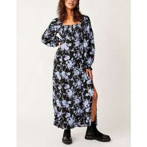 Free People Black and Blue Floral Midi Dress
